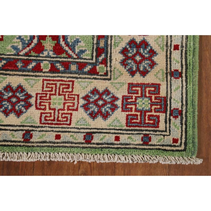 Light Green Kazak Oriental Runner Rug Hand-Knotted Wool Carpet - 2'9" x 9'7"
