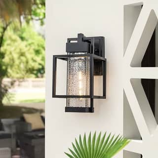 Modern Black Porch 1-Light Hammered Glass Lantern Outdoor Wall Sconce