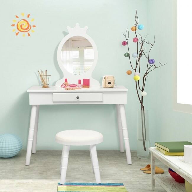 Young Princess Wooden Makeup Vanity Table Set with Padded Stool-White - 27.5" x 13.5" x 40"(L x W x H)