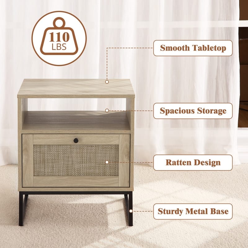 Rattan Nightstand, Boho Bedside Table End Table with Storage Drawer & Metal Legs for Bedroom