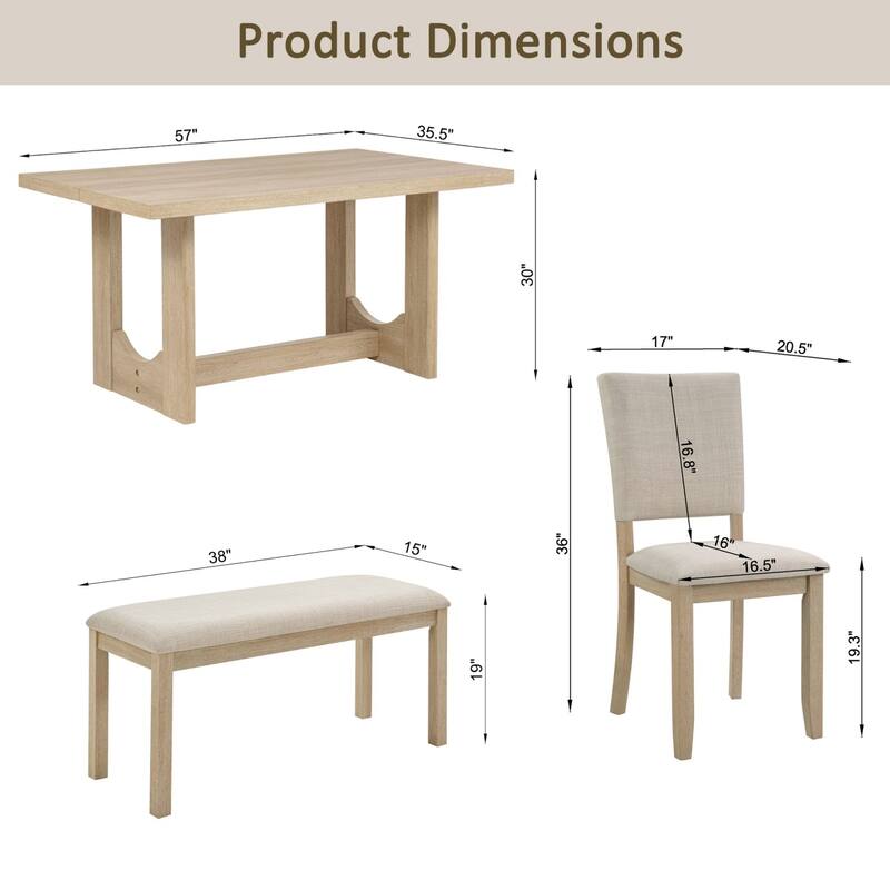 6-Piece Dining Set, Wooden Rectangular Table with Bench and 4 Chairs