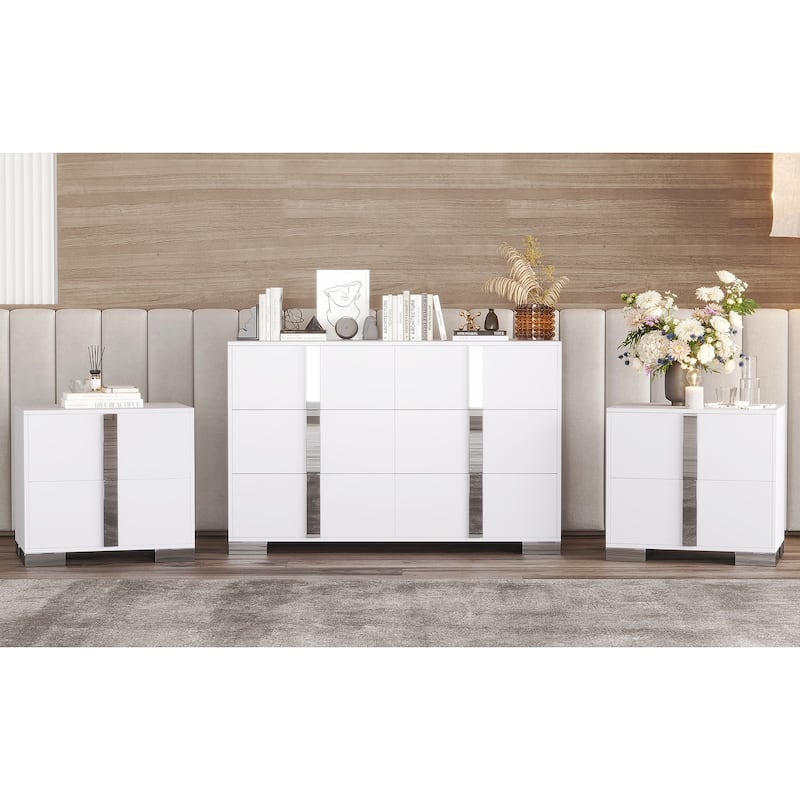 Roomfitters 3-Piece Bedroom Set, Elegant 6-Drawer Dresser and 2 Nightstands with Metal Handles