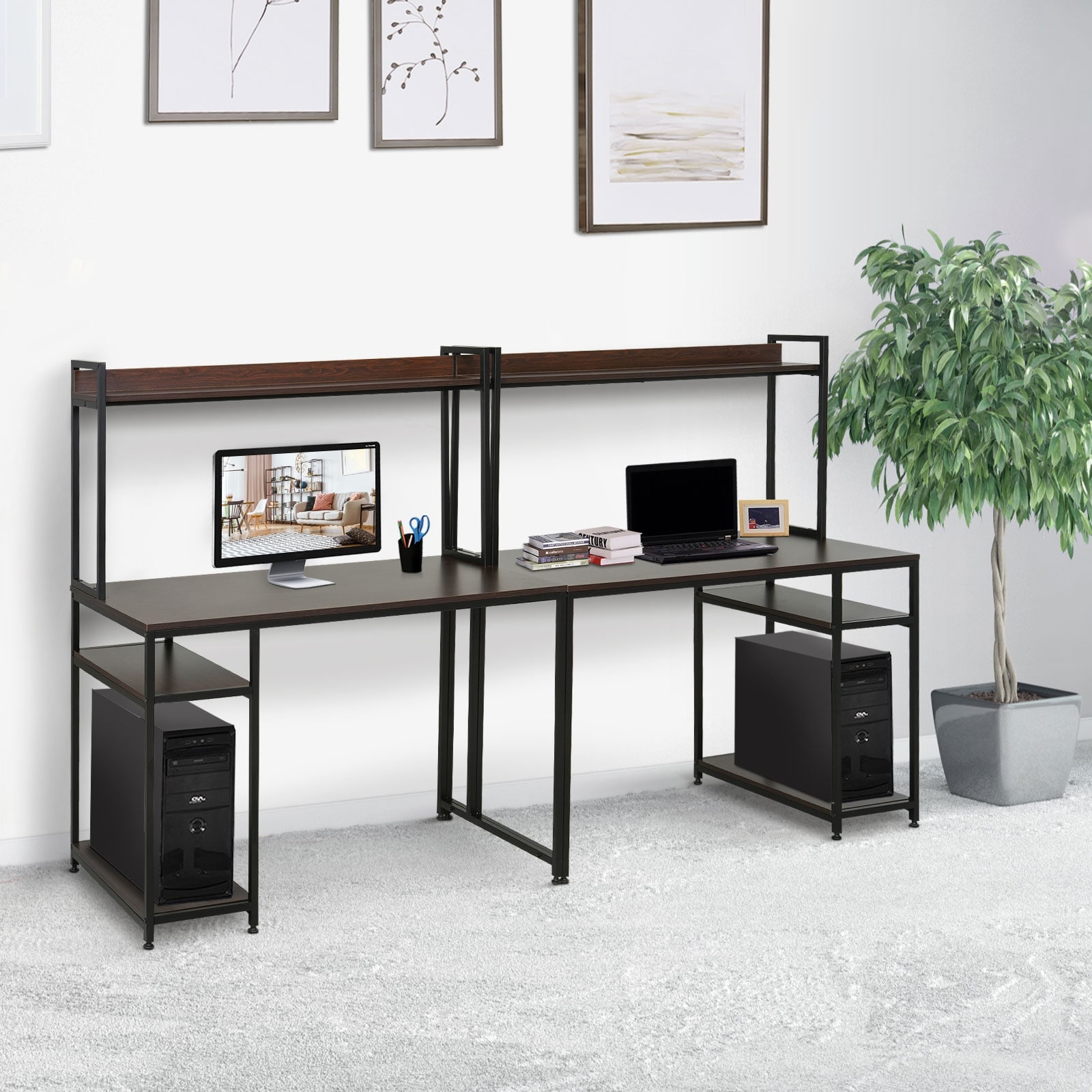 HOMCOM Industrial Writing Desk with L-Shaped Full Length Shelf