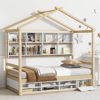 Twin House Bed with Roof Frame, Bedside-shelves, Under Bed Storage Unit
