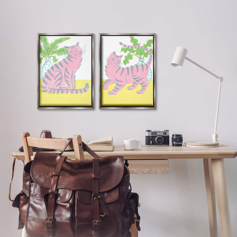 Stupell Pastel Pink Cats & Plants Framed Floater Canvas Wall Art Design By Hannah Moren (Set of 2)