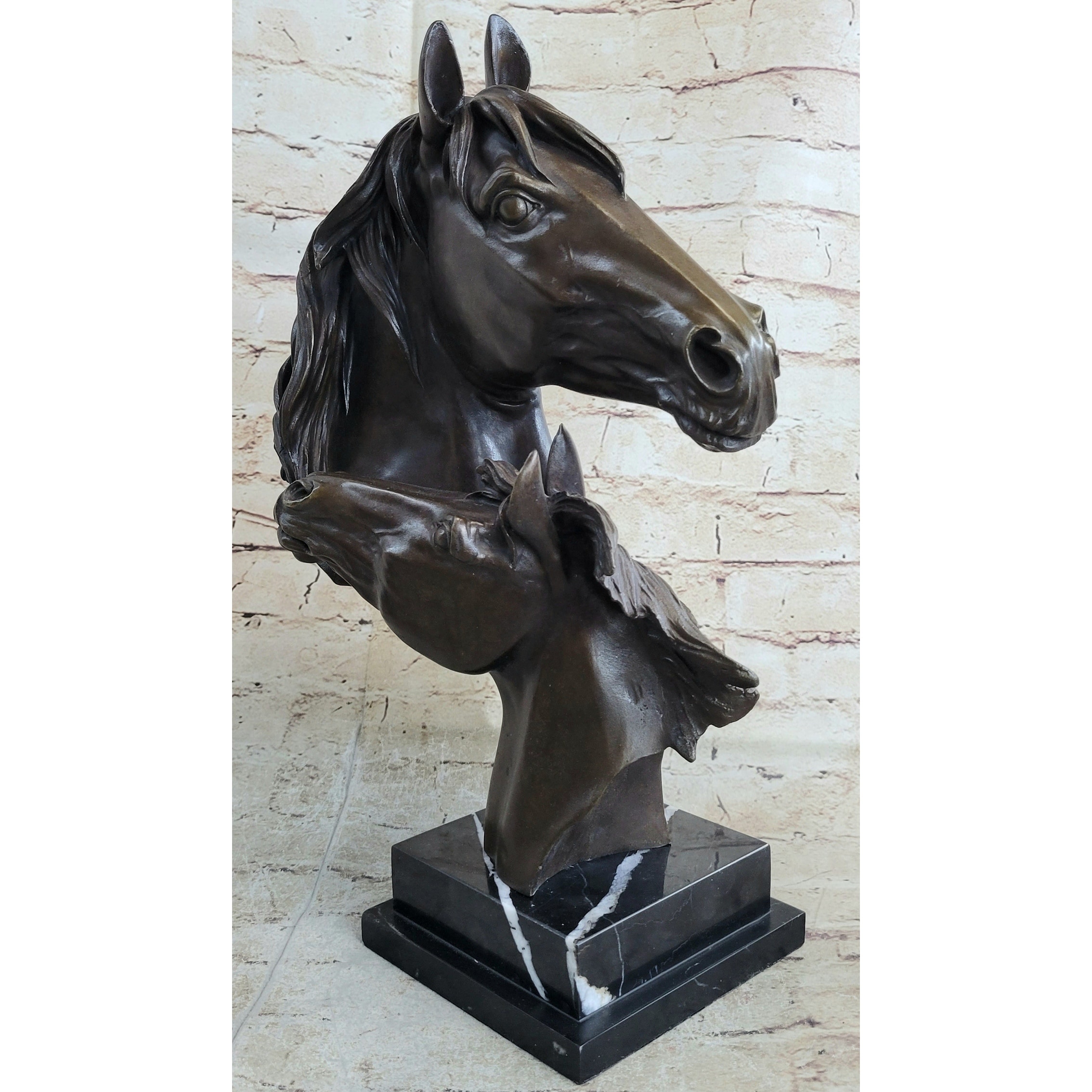 Two Horses Bust Sculpture Real Bronze Signed Original Equine Art By Milo On Marble Base