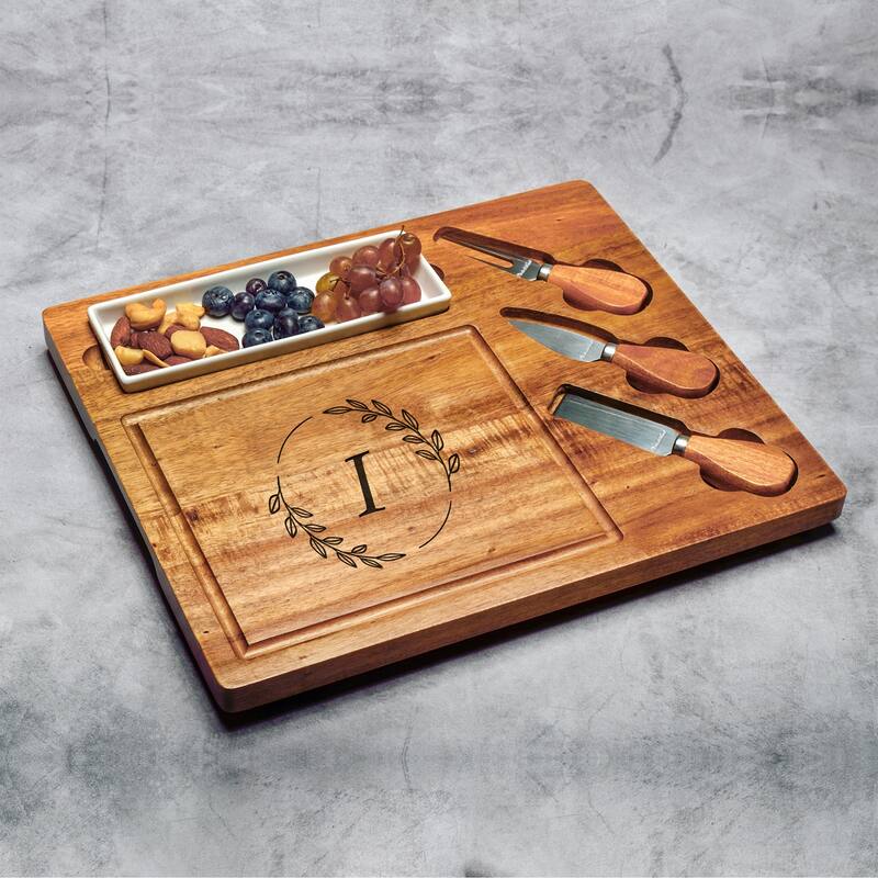 Picnic at Ascot Personalized Acacia Charcuterie Board Set with Ceramic tray & Cheese Tools - I