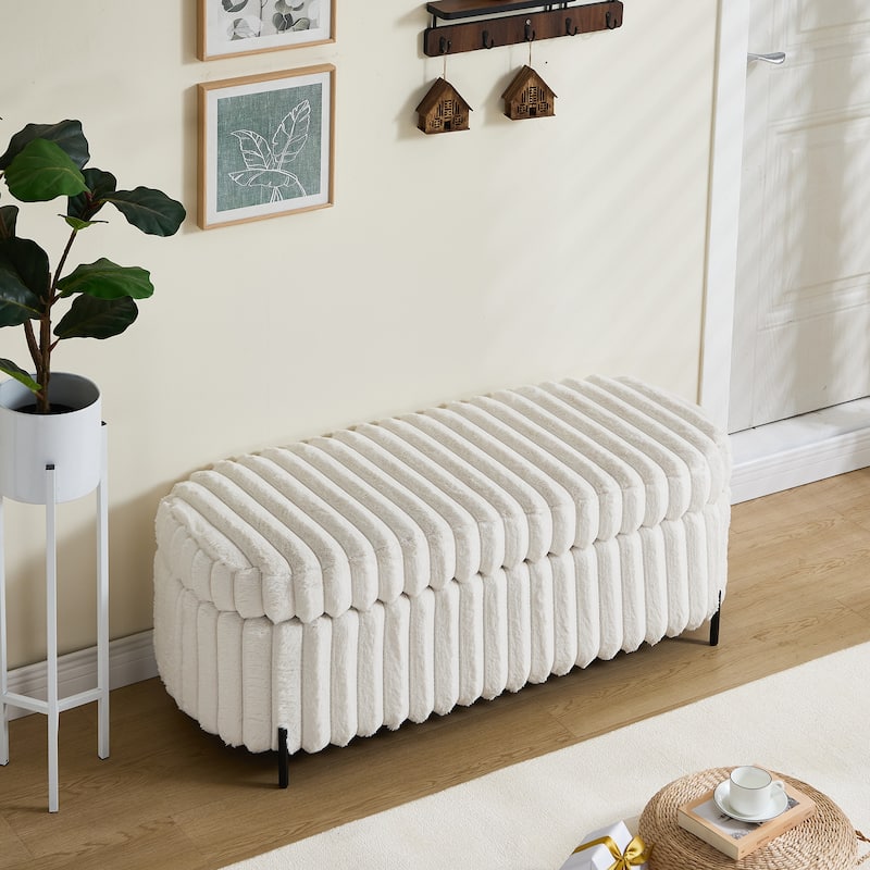 49.2" Wide Faux Fur Flip Top Storage Bench With Black Metal Legs, Bed End Stool Foot Rest For Living Room Entryway Dorm Bedroom