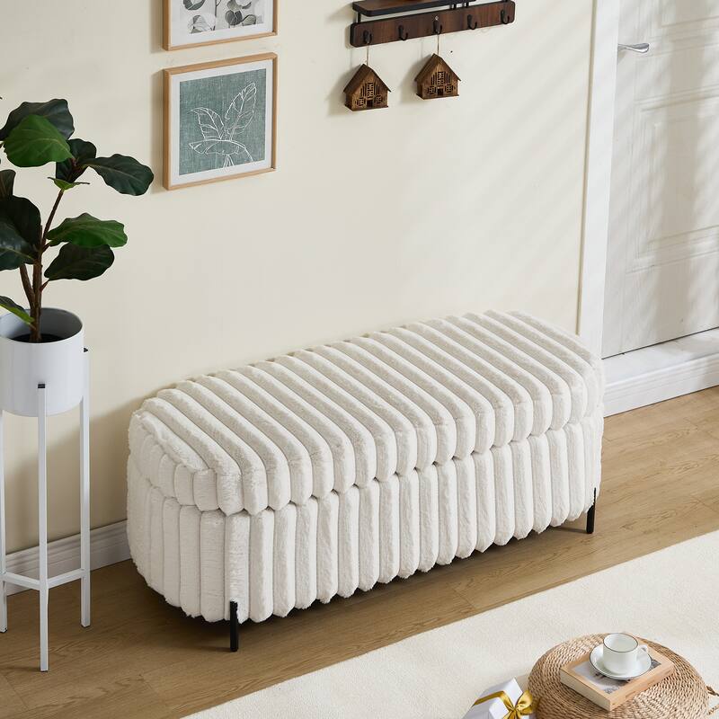 Faux Fur Upholstered End of Bed Bench, Large Flip Top Storage Bench, Curved Ottoman Bench with Adjustable Metal Legs