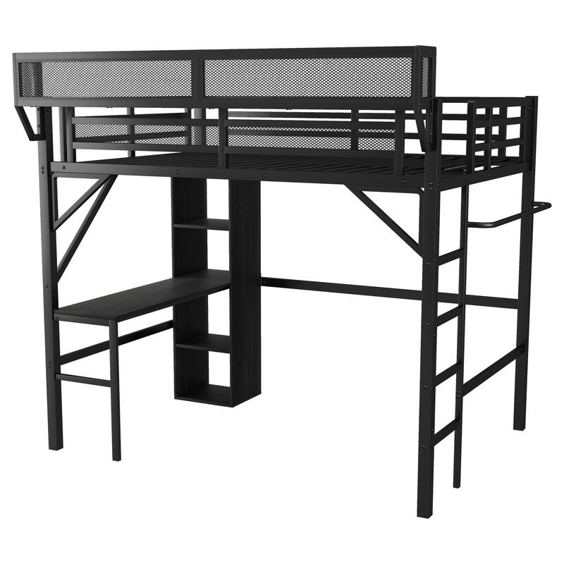 Full over Twin Metal Bunk Bed with Desk and Bookshelves,Detachable Metal Bunk Bed with LED and Charge Station