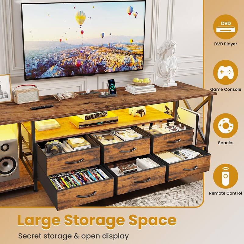 TV Stand with LED Lights Power Outlets Dresser Fabric Drawers Entertainment Center
