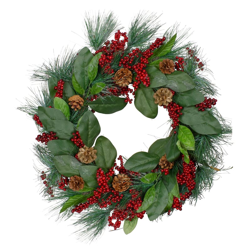 Leaves Berry and Pine Needle Artificial Christmas Wreath - 24-Inch Unlit - 24"