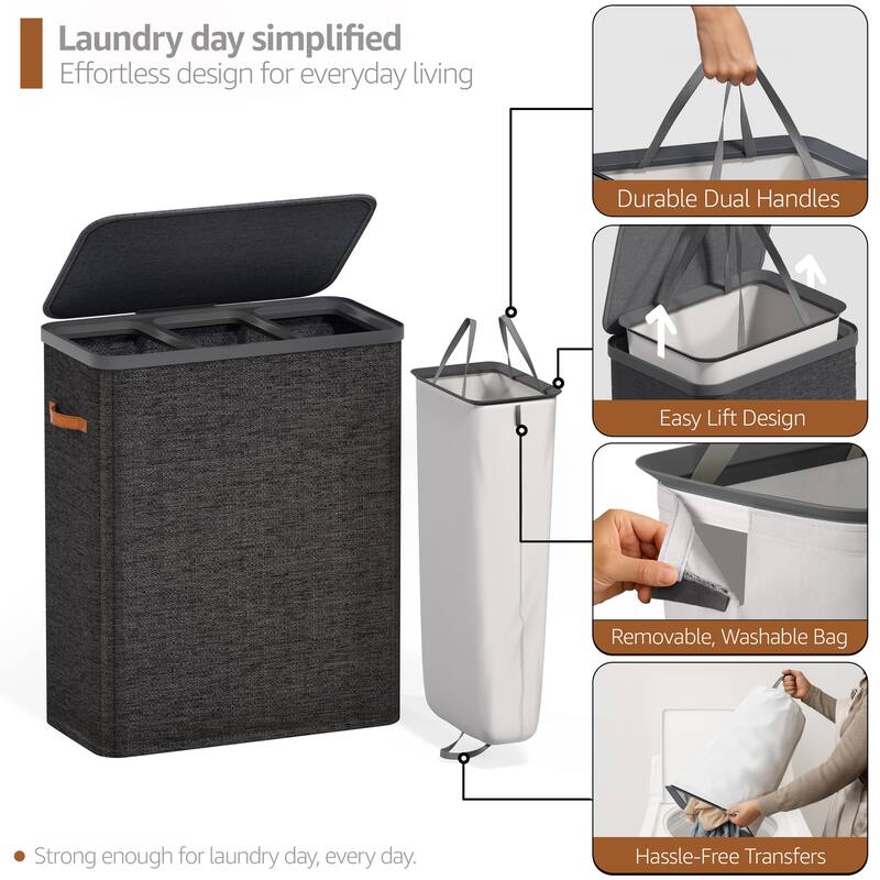Sorbus 3-Compartment Laundry Basket with Removable Laundry Bag - Durable Organizer for Bathroom. - 25" W x 15.75" D x 29.5" H