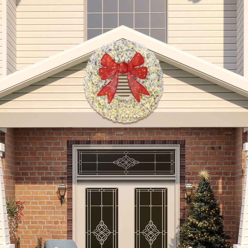HOMCOM 48in Flocked Pre-Lit Wreath: 200 LED, 11 Modes, Remote, 3D Bow, Indoor/Outdoor