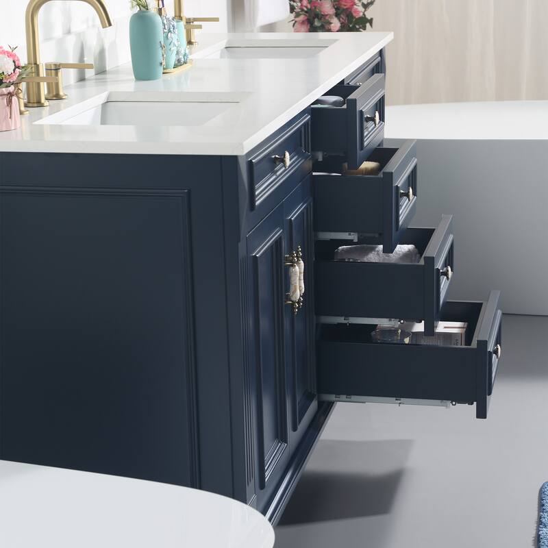 35'' H Solid Wood Bath Vanity with Stain-resistant Carrera White Quartz Top and Double Sink