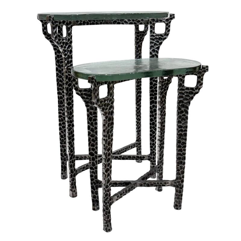 Ignis Nesting Table, 26" Recycled Glass & Hammered Brass Aluminum Set - Eco Friendly Accent Furniture for Living Room