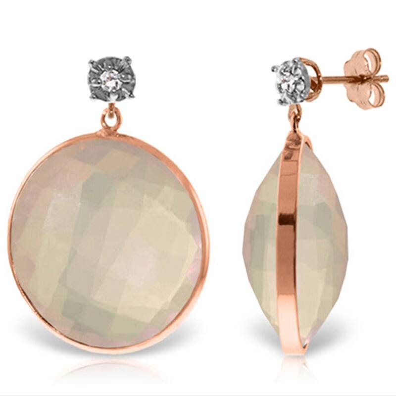 14K Solid Gold Diamonds Stud Earrings w/ Checkerboard Cut Rose Quartz - Rose