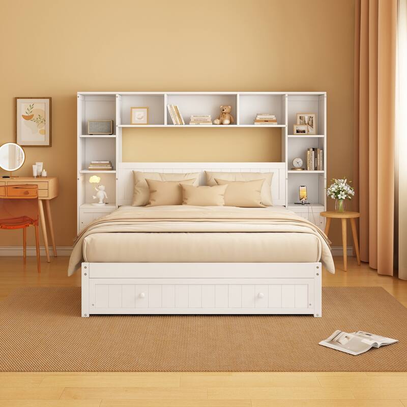 Multi-Functional Pine Wood Platform Bed with Built-In Nightstands, Storage Shelves, and Charging Stations - Full