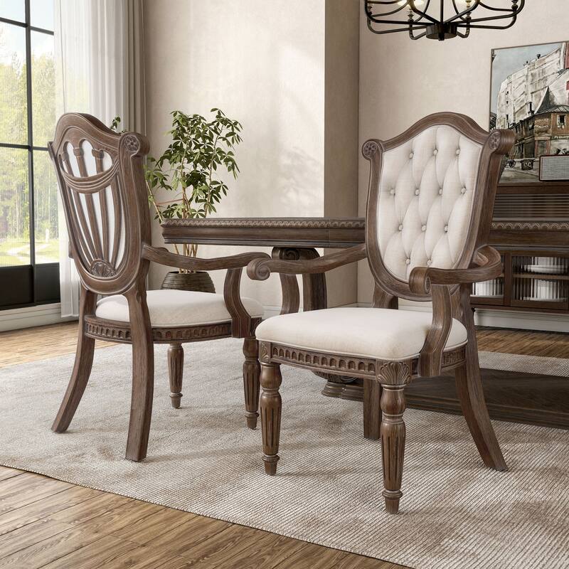 Furniture of America Cassian Traditional Weathered Oak Padded Dining Arm Chairs with Button Tufted Back (Set of 2)