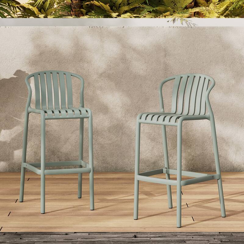 Set of 2 All-Weather Outdoor Bar Stools, 29.5"H Green Perforated Slat Back - Patio, Poolside & Kitchen Island 