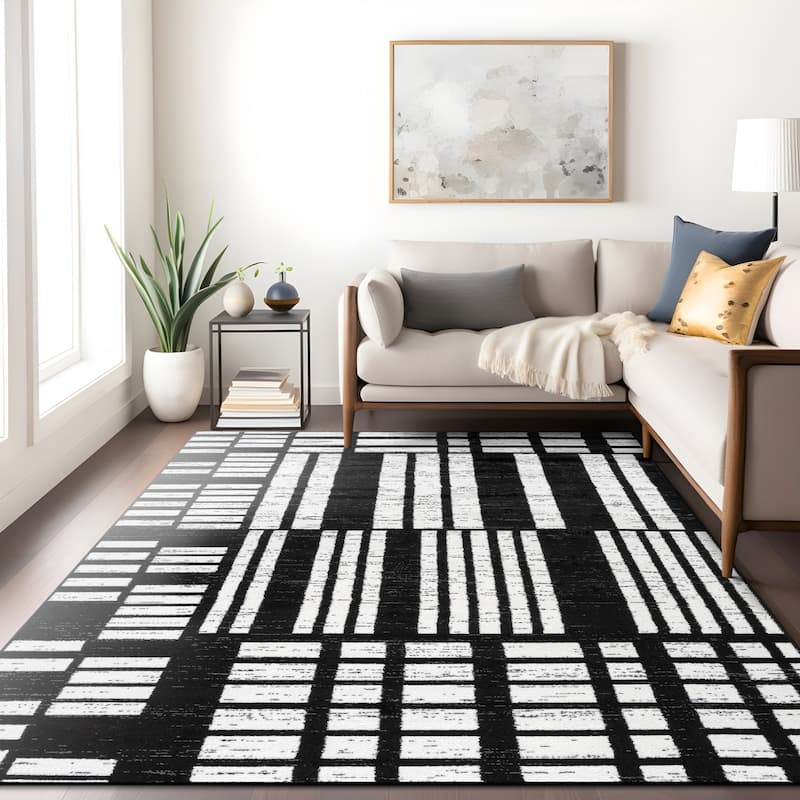 Black Ivory Geometric Blocks Stylish and Durable Area Rug - 7' 10" x 10'