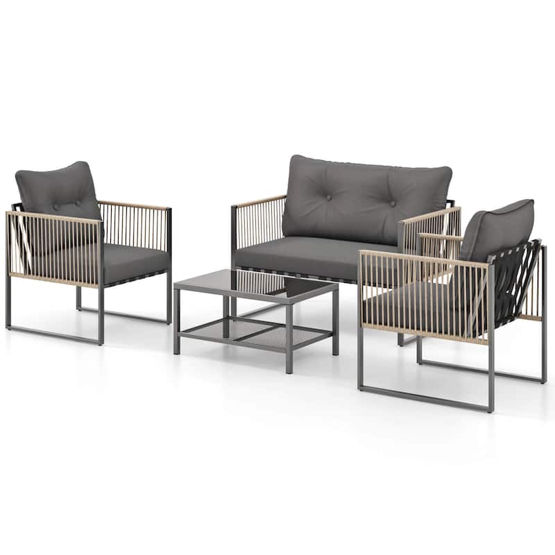 4/8 PCS Patio Furniture Set Outdoor PE Rattan Conversation Sofa Set - 4-Piece