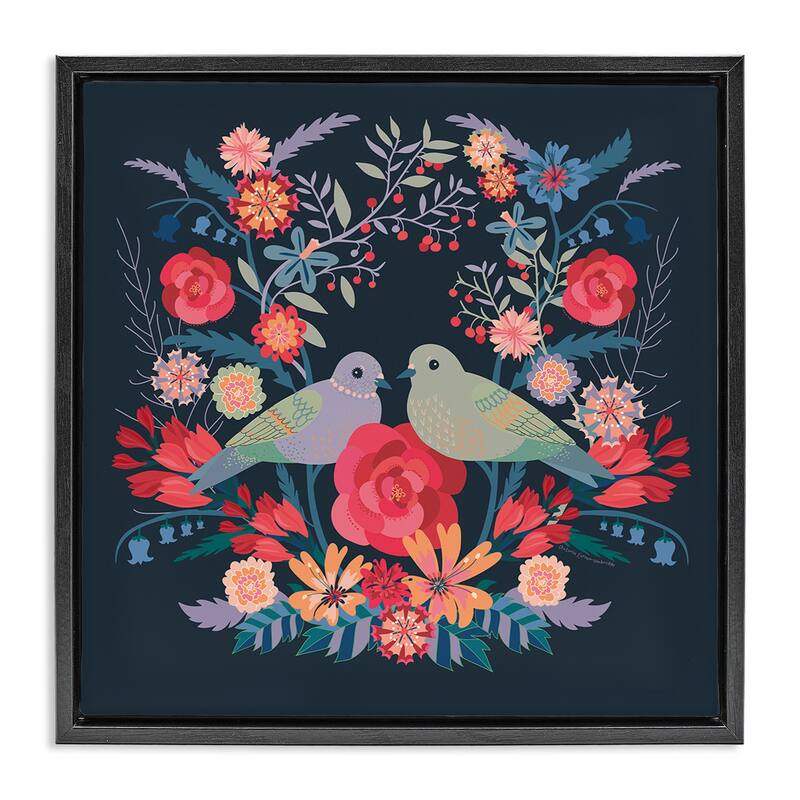 Stupell Symmetrical Birds & Flowers Framed Floater Canvas Wall Art Design By Verbrugge Watercolor - 25 x 25 - Black