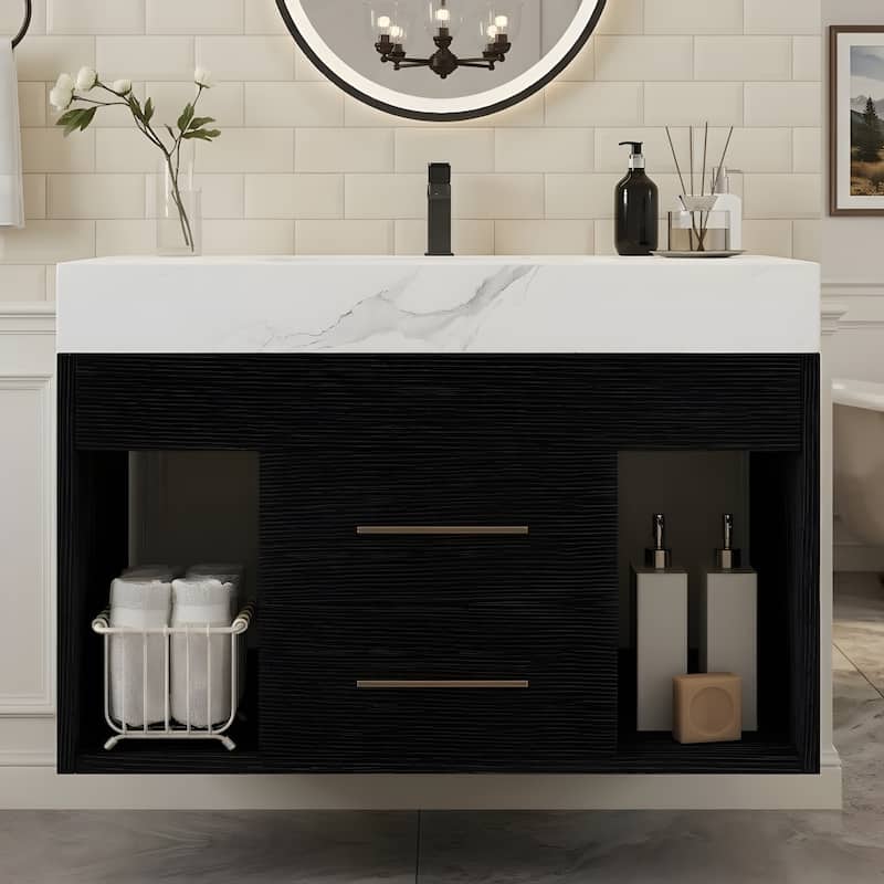 29.9-inch floating bathroom vanity with sintered stone countertop and ceramic undermount sink