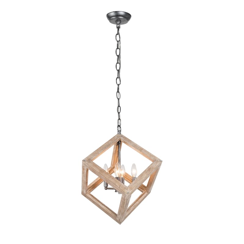 Farmhouse 4-light Solid Wood Chandelier Rustic Dining Room Barn Geometrical Ceiling Lights - 15.5 in