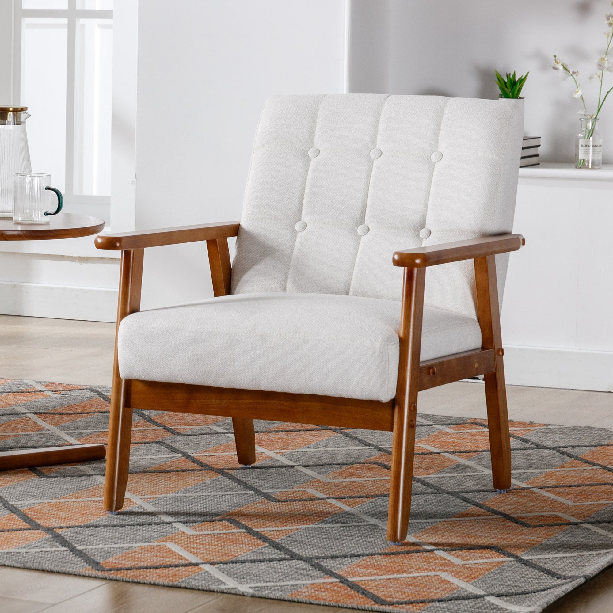 Linen/PU Upholstered Tufted Living Room/Bedroom Accent Chair With Wood Legs