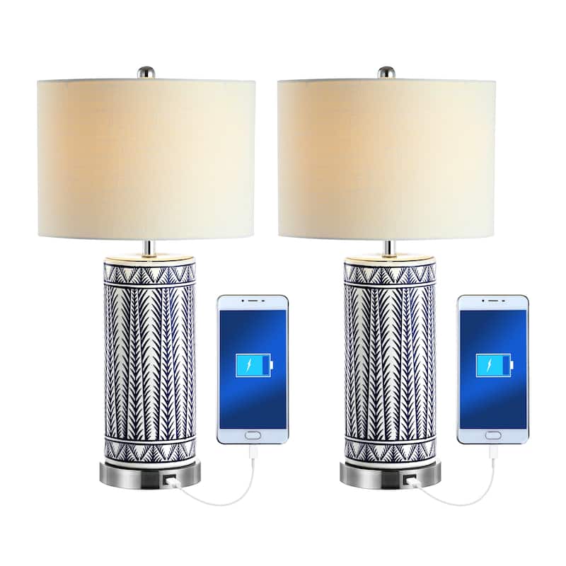 Serge 27" Ceramic/Iron Contemporary USB Charging LED Table Lamp, Navy/Chrome by JONATHAN Y