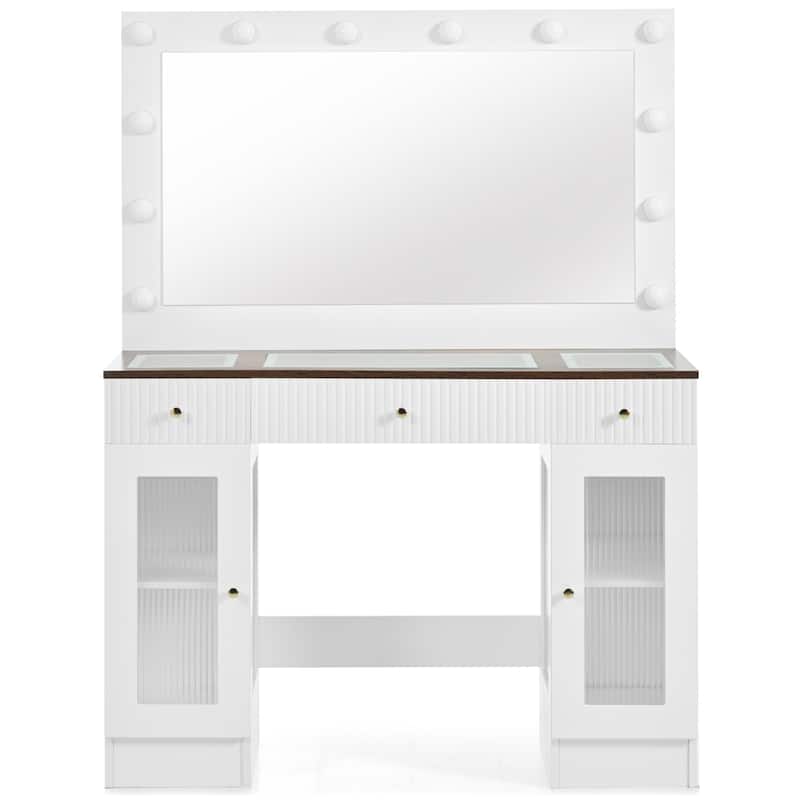 43.3"Vanity Desk with Large Mirror and Hollywood Bulbs,Glass Top Makeup Vanity with Drawers and Power Outlet