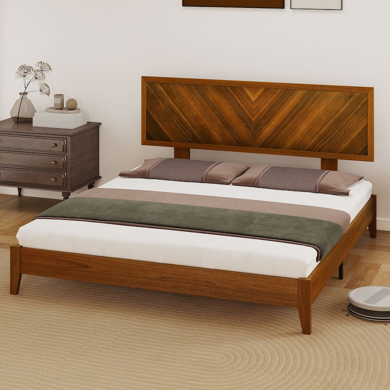 Queen/King Size Bed Frame with Adjustable Headboard Heights and Solid Wood Headboard, Walnut Color