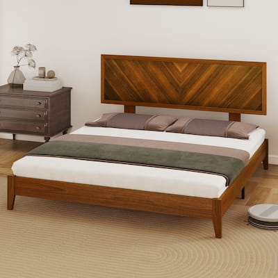 Queen/King Size Bed Frame with Adjustable Headboard Heights and Solid Wood Headboard, Walnut Color