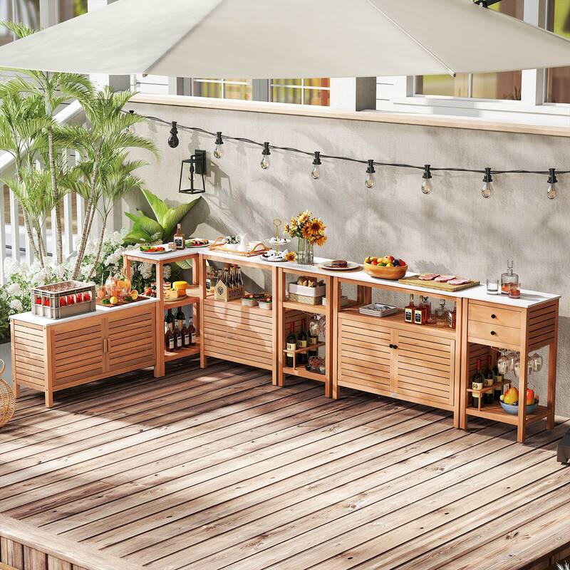 Costway Patio Wood Storage Cabinet with Marble-Like Countertop, Open - See Details