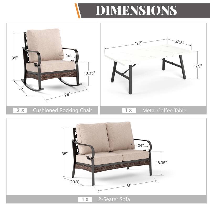 MAISON ARTS 4-Seat Patio Conversation Sets with 2 Rocking Sofa Chairs, 1 Loveseat Sofa and 1 Coffee Table