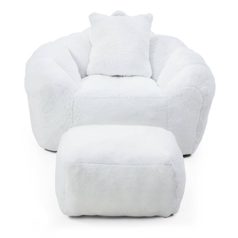 Faux Fur Bean Bag Chair with Ottoman, Giant Bean Bag Chairs for Adults, Shell-Shaped Lounge Floor Sofa with Filler