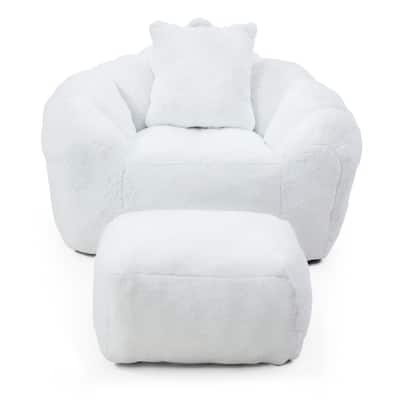White Faux Fur Bean Bag Chair with Footstool High-Density Foam Ergonomic Lounge Chair for Living Room Bedroom Gaming