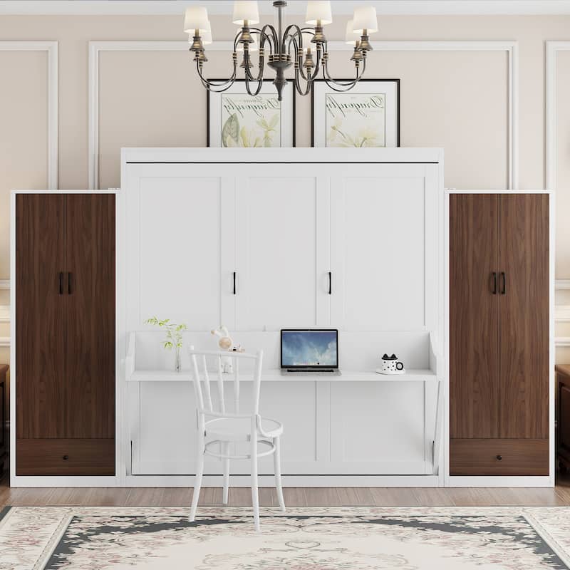 Queen Size Wall Bed with Built-in Closet, Drop-Down Table & Storage Drawers, Space-Saving Folding Design with LED Light