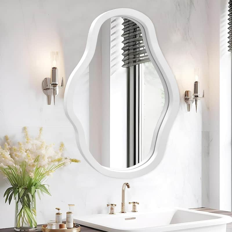 Irregular Wavy Wall Mirror, Boho Vanity Mirror Decorative Wood Framed for Bathroom, Bedroom, Living Room, Cloakroom, Entryway - 20x28 - White
