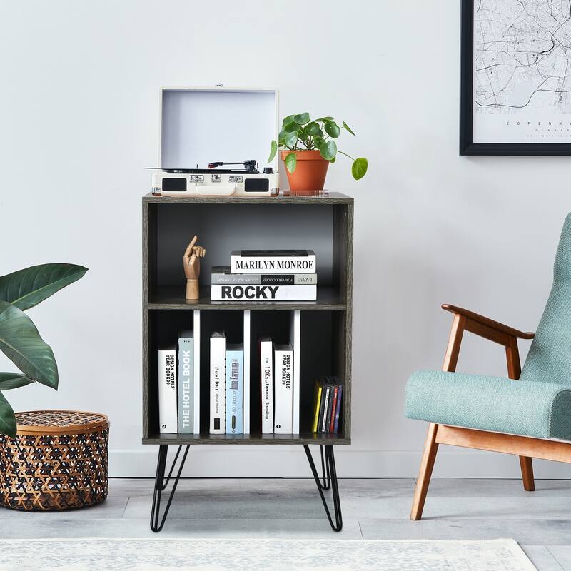 Freestanding Record Player Stand with Storage and Metal Legs