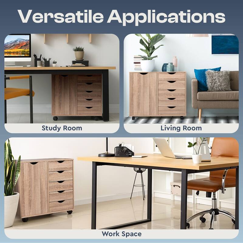 5-Drawer Wood Storage Dresser Cabinet with Wheels - Craft Organizer and Makeup Drawer Unit for Closet and Bedroom