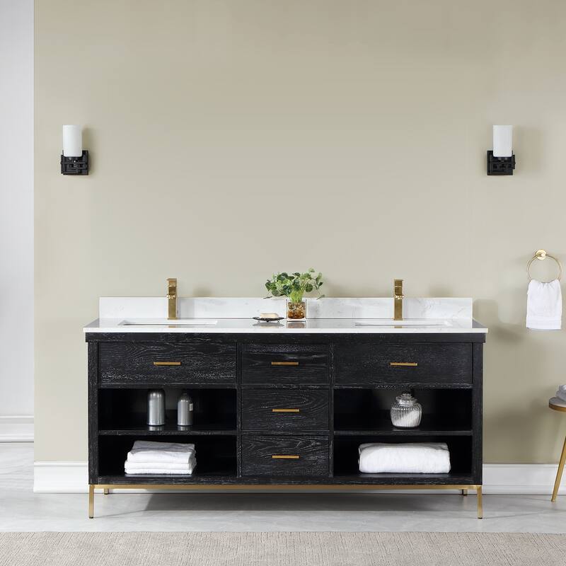 Altair Kesia Bathroom Vanity with White Composite Stone Top without Mirror - 72 inch. - Black Oak + Brushed Gold Hardware