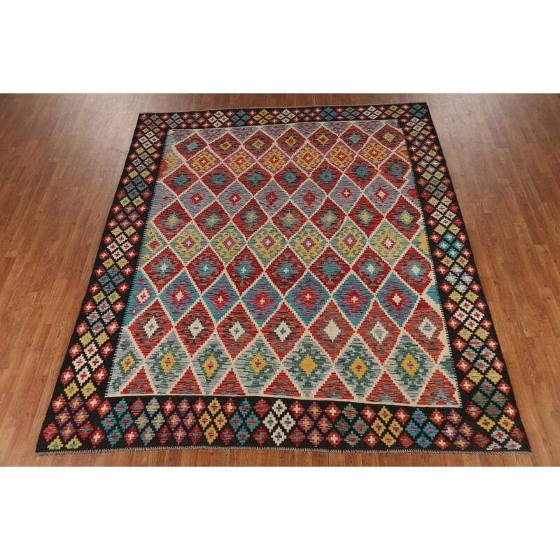 Reversible Oriental Kilim Area Rug Hand-Woven Multi-Color Wool Carpet - 8'3" x 9'8"
