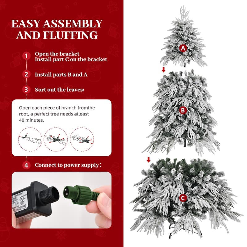7ft/8ft Slim Flocked Pre-Lit Christmas Tree with 767/950 Tips and 250/350 Warm LED Lights, Metal Stand