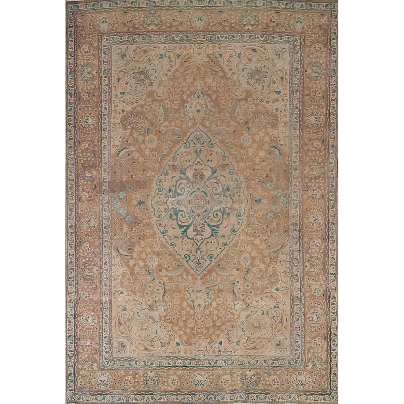 Light Brown Tabriz Persian Vintage Area Rug Handmade Wool Carpet - 6'7"x 9'7"