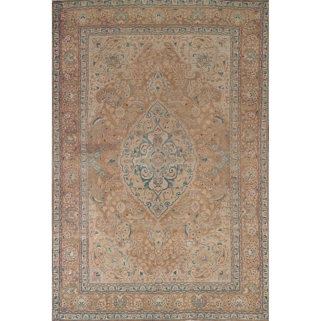 Light Brown Tabriz Persian Vintage Area Rug Handmade Wool Carpet - 6'7"x 9'7"