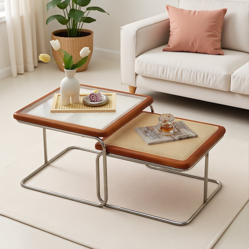 Modern Small Cherry Rattan & Glass Nesting Dining Tables