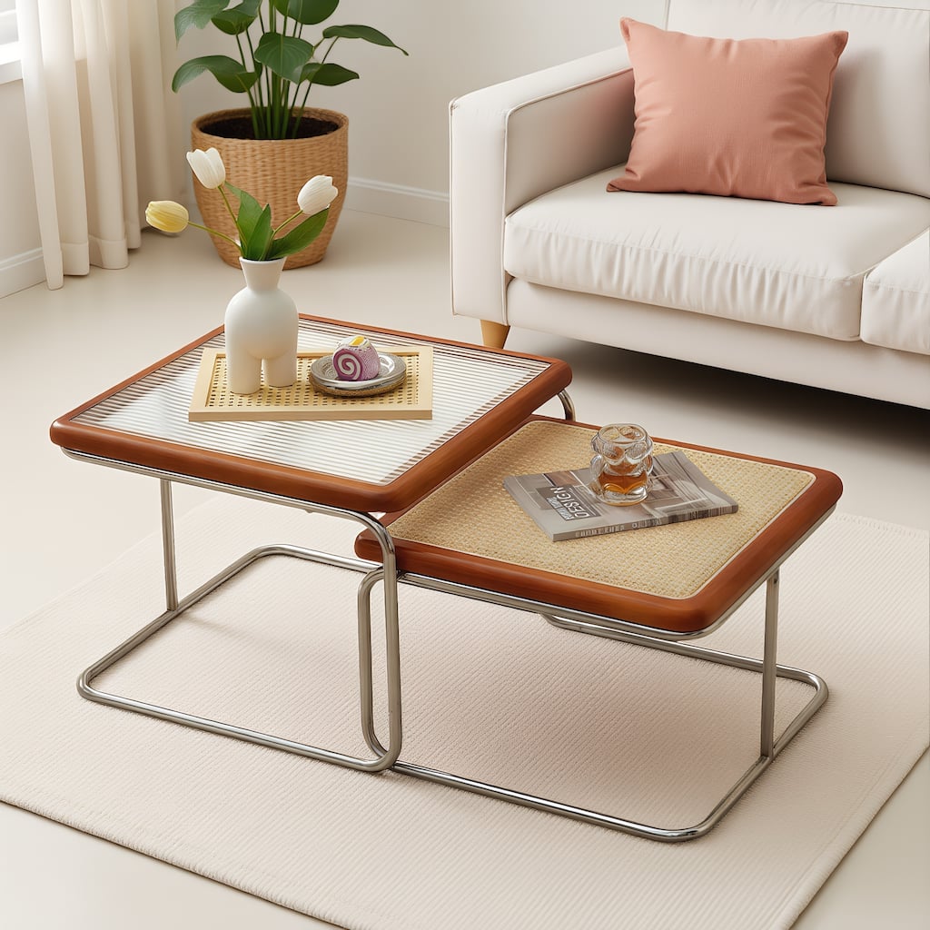 Modern Small Cherry Rattan & Glass Nesting Dining Tables