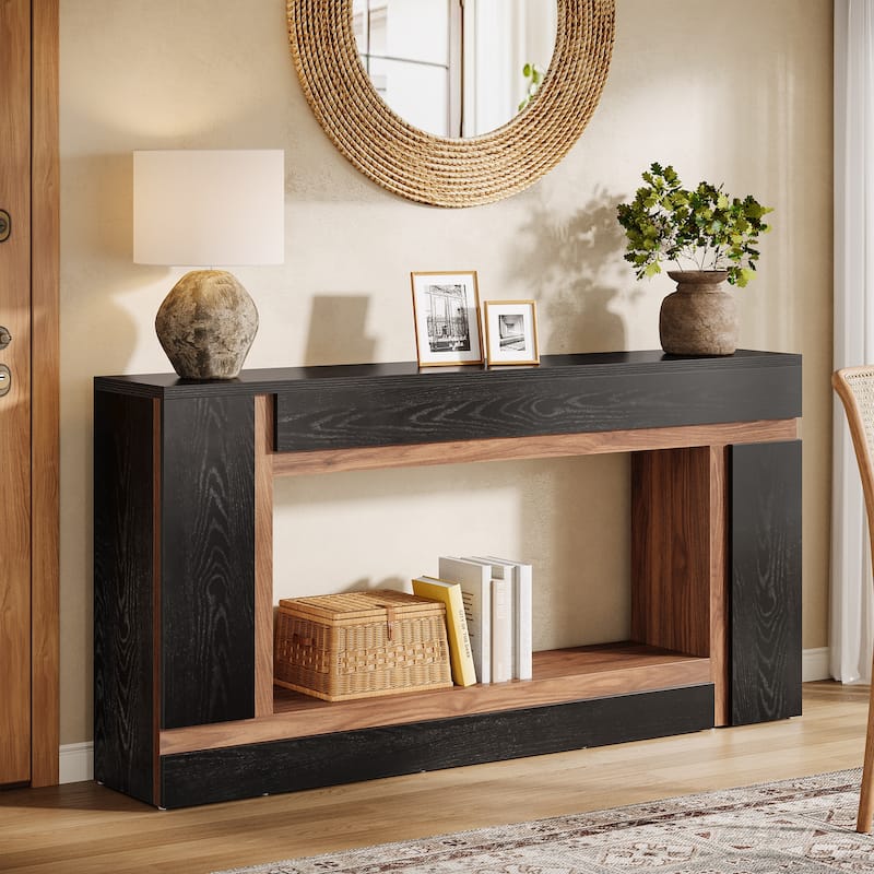 2-tier Narrow Console Entryway Table for Living Room Hallway Foyer - 63" W x 11.81" D x 31.5" H - Black and Walnut